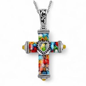 Venetian Glass Murano Millefiori Style Multi Color Cross Pendant Necklace